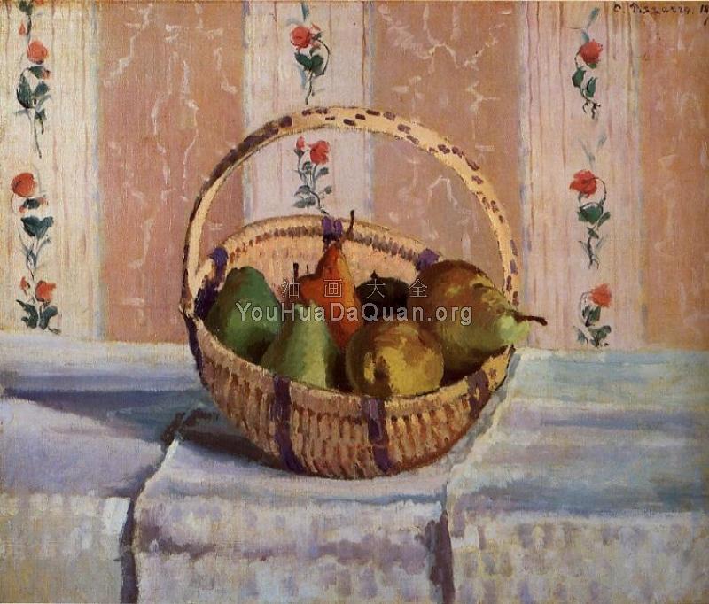 Still Life, Apples and Pears in a Round Basket - 卡米耶·毕沙罗